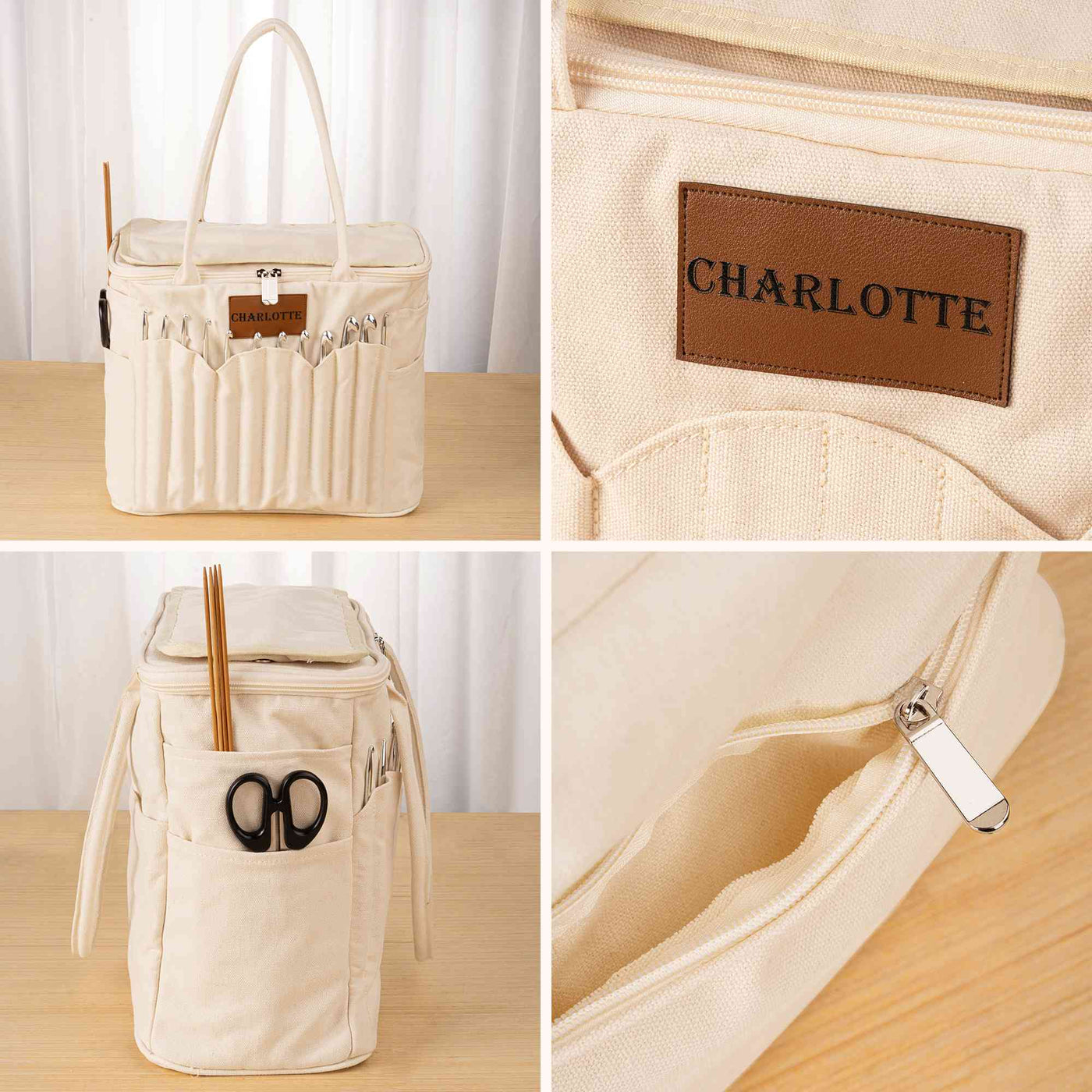 Personalized name tag and storage details on cream canvas knitting bag