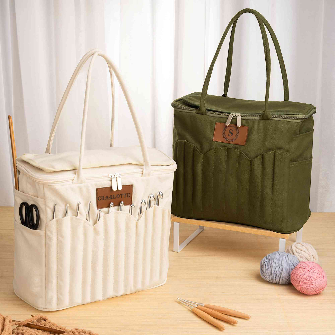 Cream and olive personalized knitting storage bags displayed together